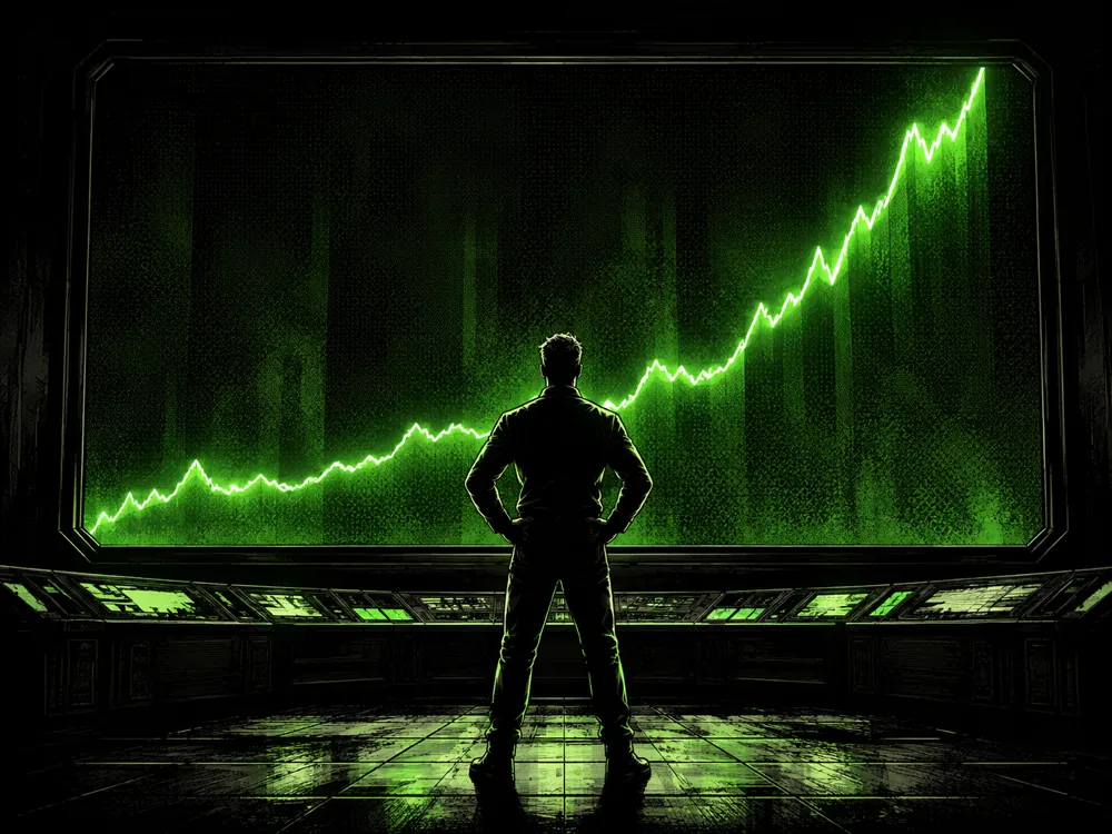 A business owner watching a live performance line climb across a wall display.